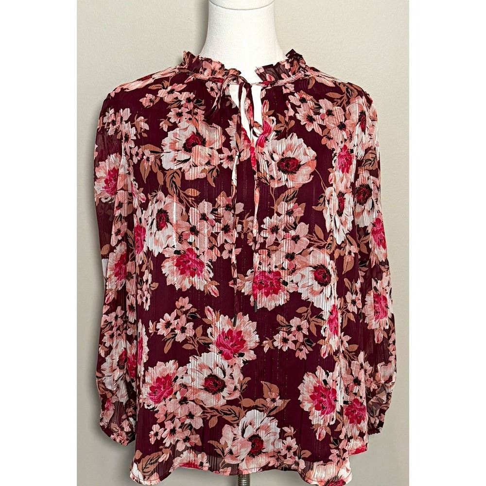 Anne Klein Burgundy Pink Floral V-Neck Tie Puff Sleeve Chiffon Blouse Women L